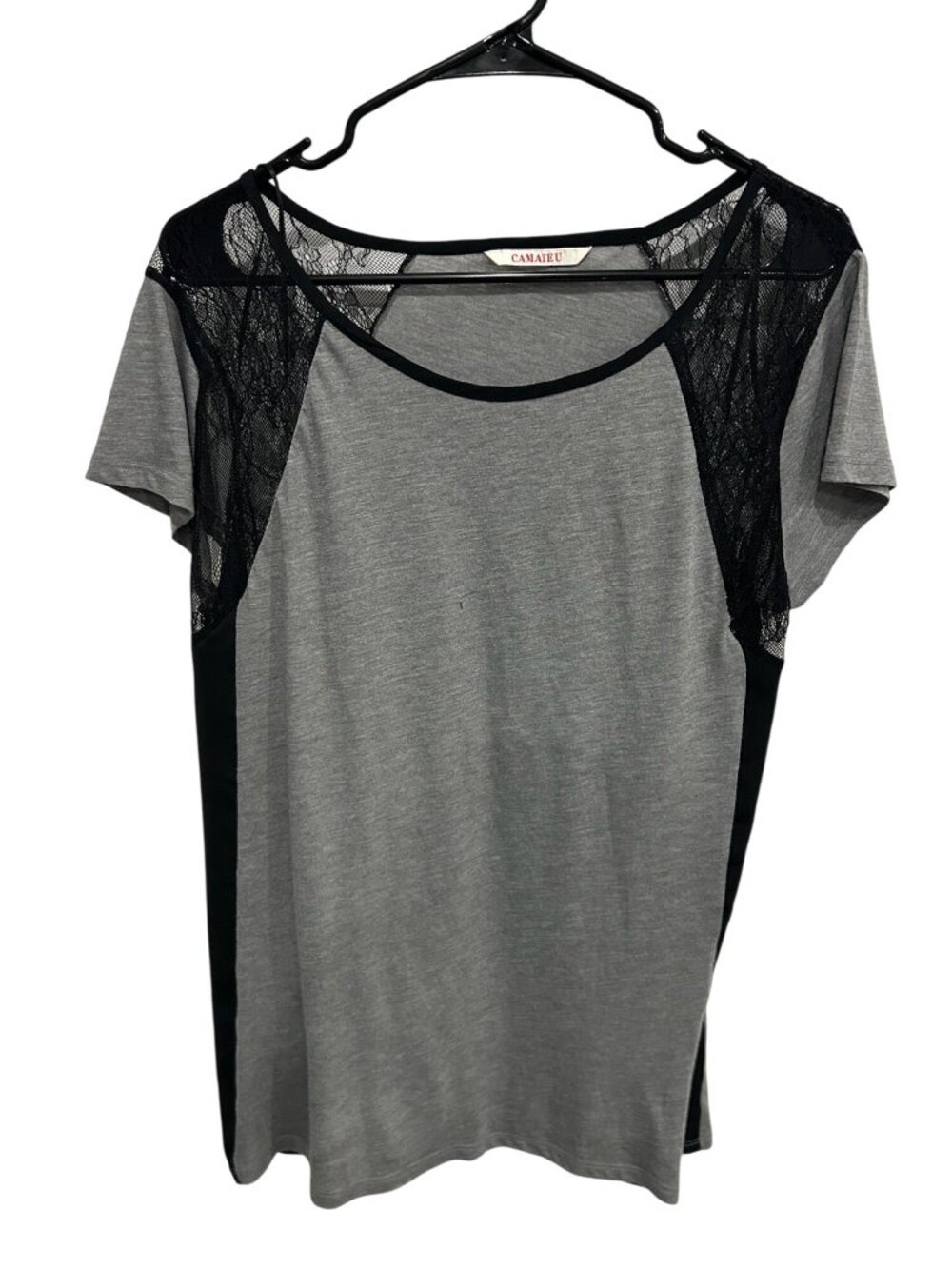 Camaïeu Gray Medium Black Lace Accent Scoop Neck Short Sleeve Top Whimsigoth